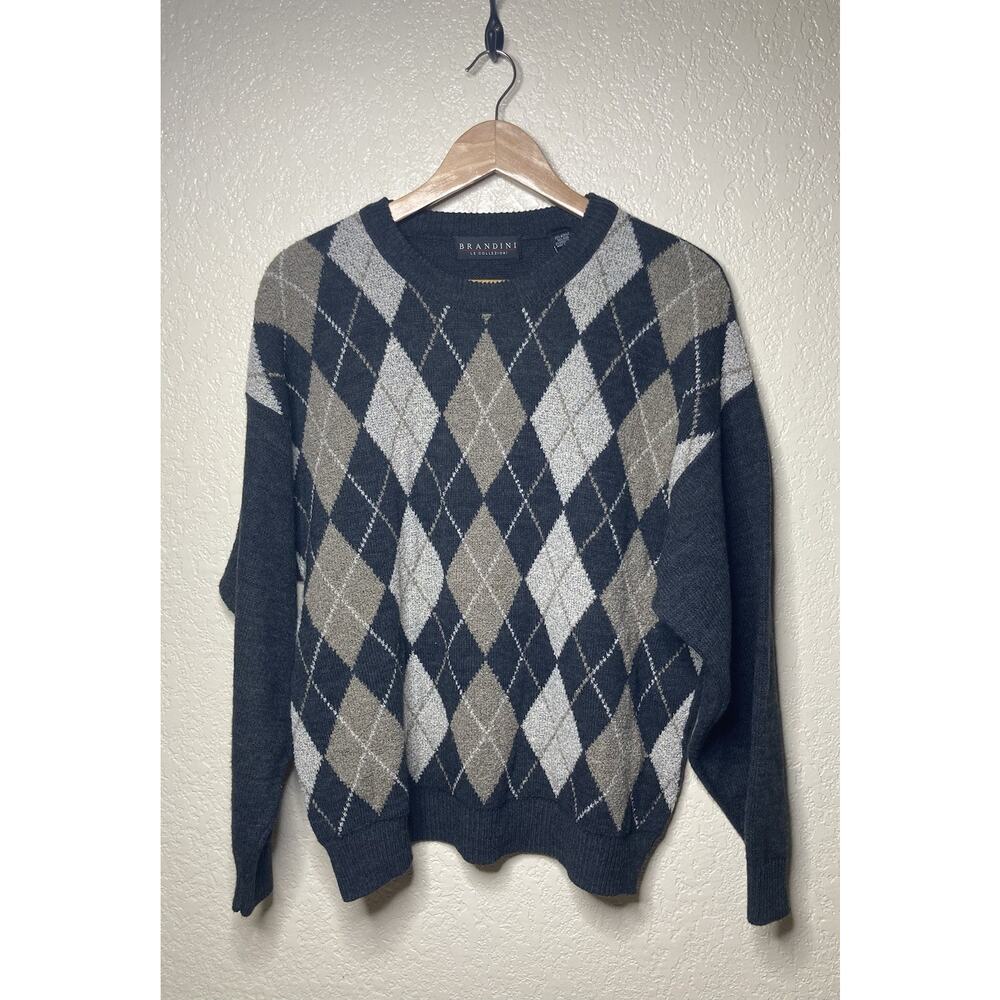 Vintage Argyle Sweater Mens Large Grey Pullover Wool Acrylic Blend Brandini